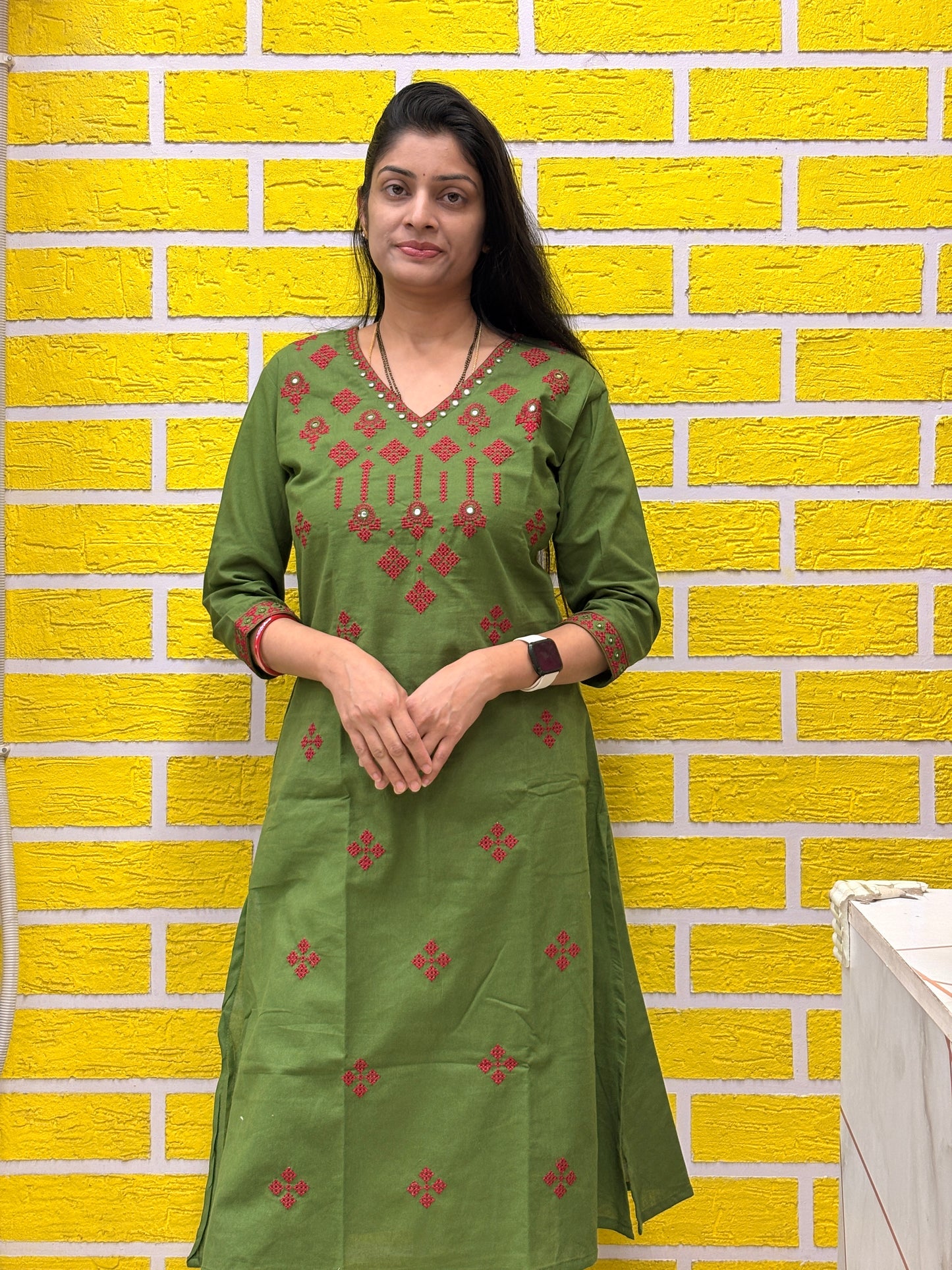 Olive Green Cotton Embroidered Co-ord Set (2-PC Set) AACS50575