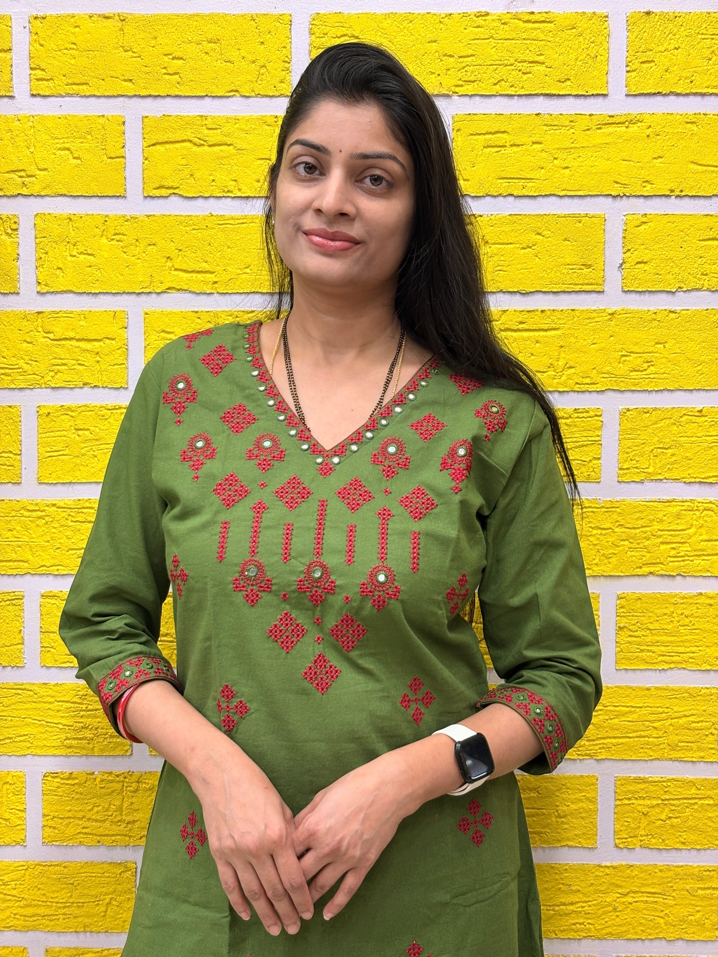 Olive Green Cotton Embroidered Co-ord Set (2-PC Set) AACS50575