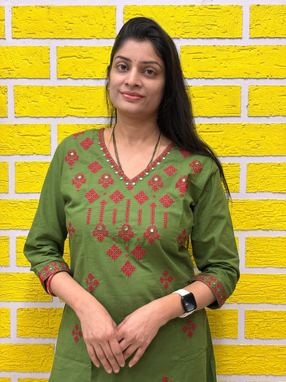 Olive Green Cotton Embroidered Co-ord Set (2-PC Set) AACS50575