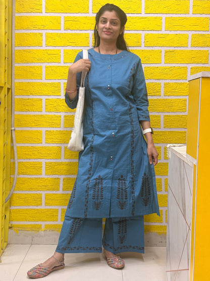 Teal Blue Cotton Embroidered Co-ord Set for Women (2-PC Set) AACS50272