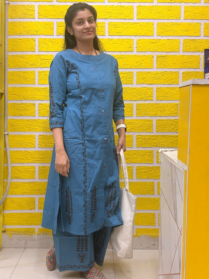 Teal Blue Cotton Embroidered Co-ord Set for Women (2-PC Set) AACS50272