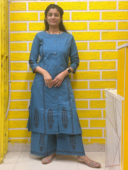 Teal Blue Cotton Embroidered Co-ord Set for Women (2-PC Set) AACS50272