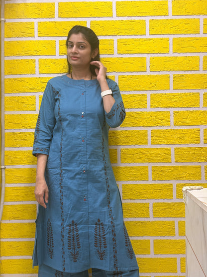 Teal Blue Cotton Embroidered Co-ord Set for Women (2-PC Set) AACS50272