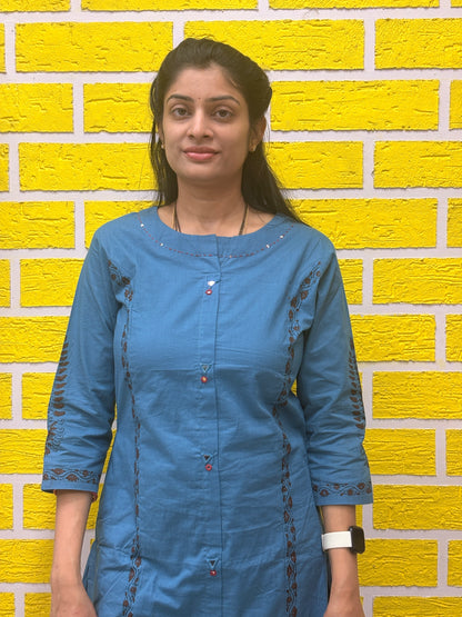 Teal Blue Cotton Embroidered Co-ord Set for Women (2-PC Set) AACS50272