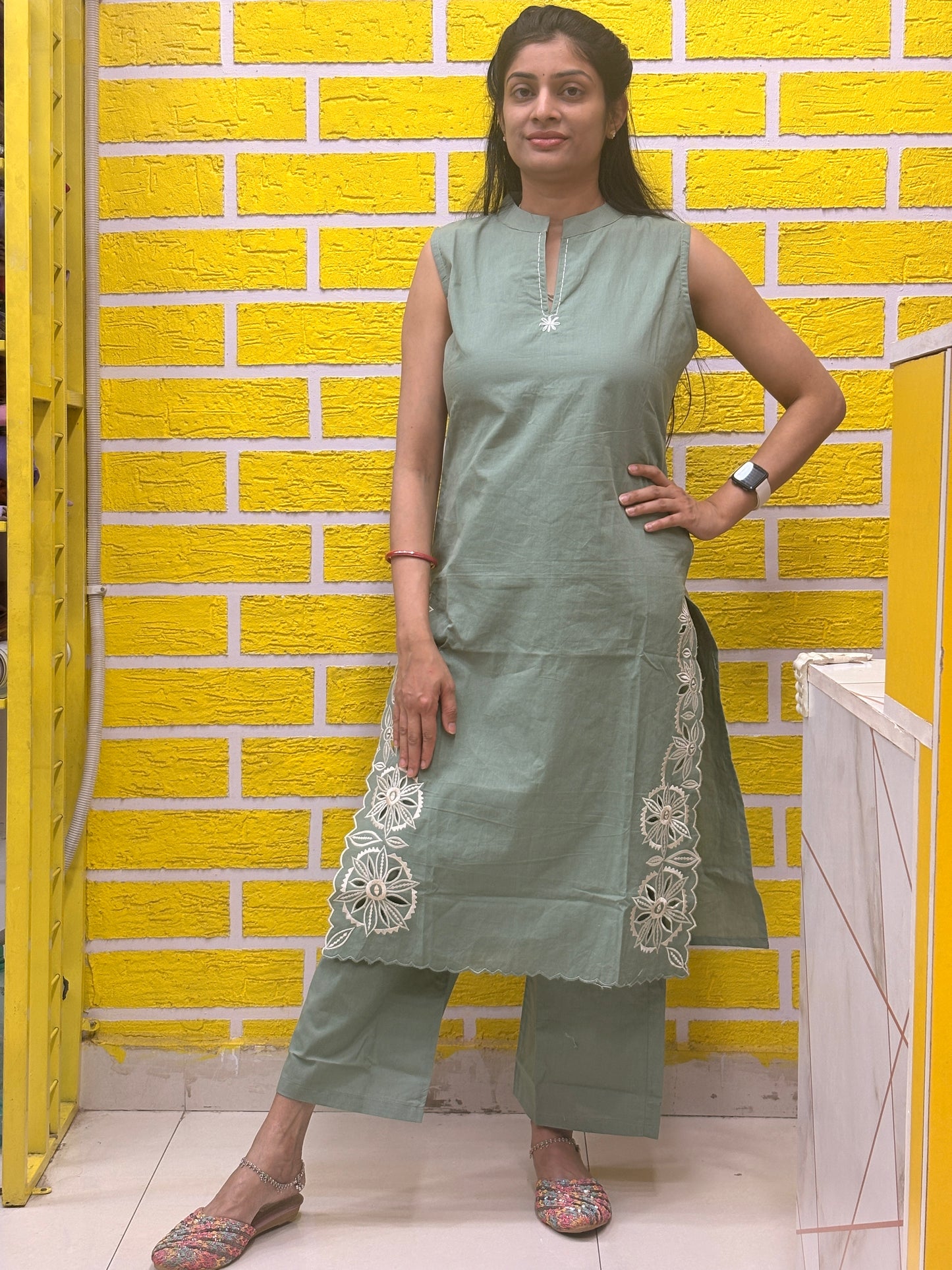 Sage Green Cotton Sleeveless Kurti Set with Floral Embroidery AACS52140