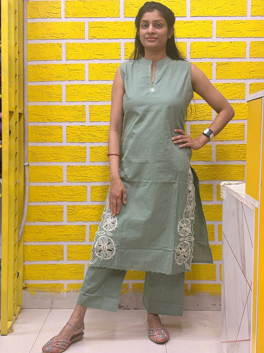 Sage Green Cotton Sleeveless Kurti Set with Floral Embroidery AACS52140
