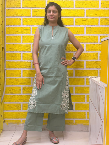 Sage Green Cotton Sleeveless Kurti Set with Floral Embroidery AACS52140
