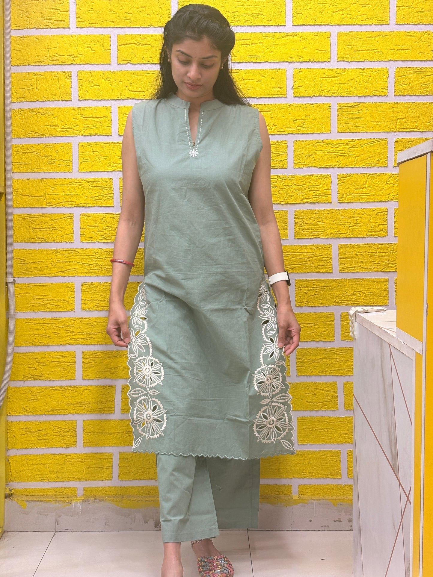 Sage Green Cotton Sleeveless Kurti Set with Floral Embroidery AACS52140