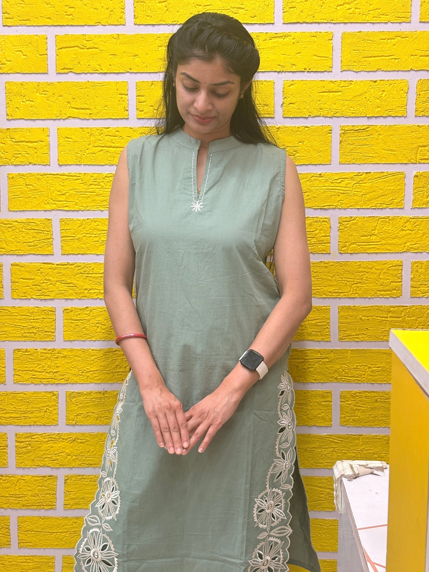 Sage Green Cotton Sleeveless Kurti Set with Floral Embroidery AACS52140