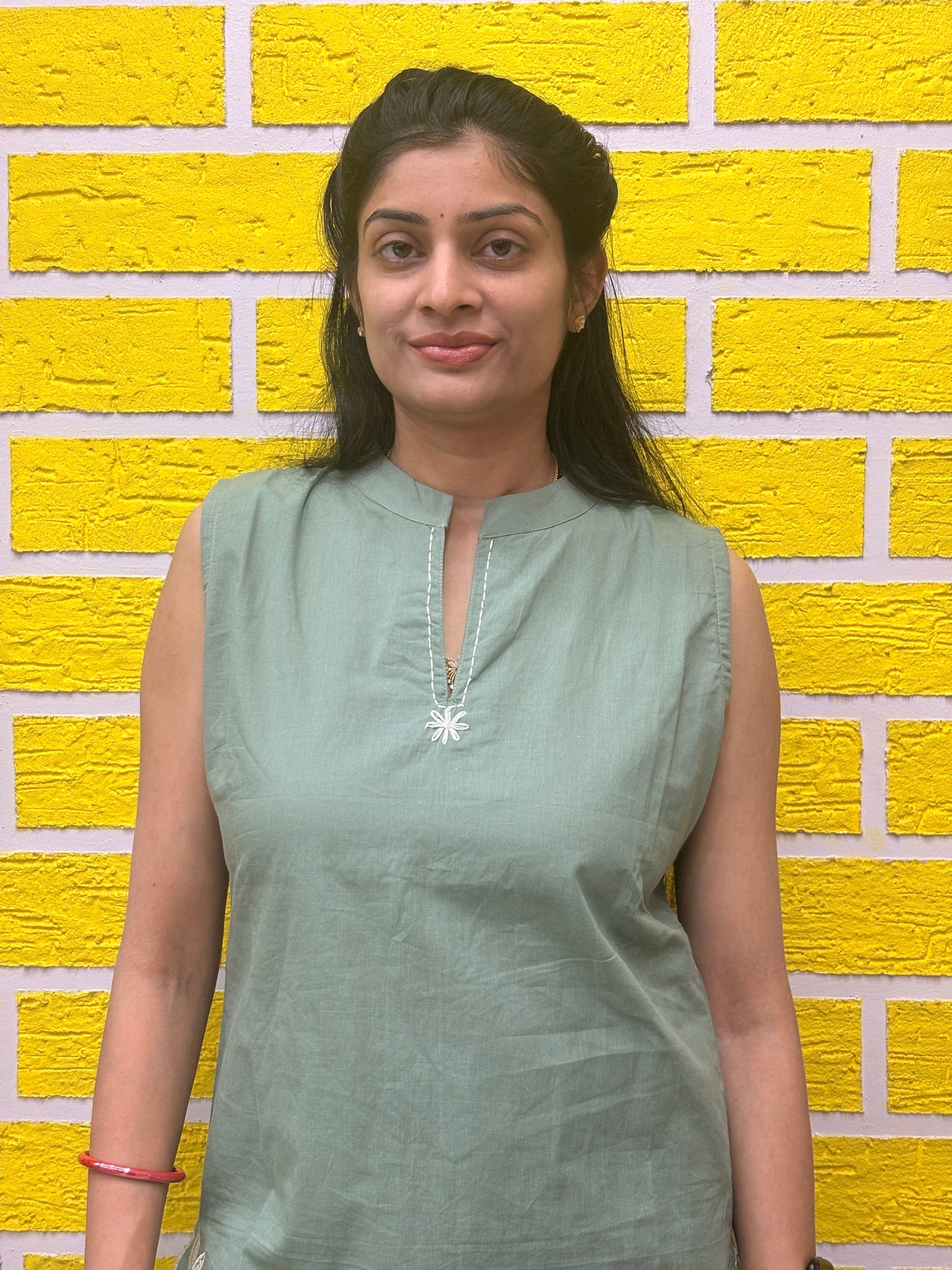 Sage Green Cotton Sleeveless Kurti Set with Floral Embroidery AACS52140