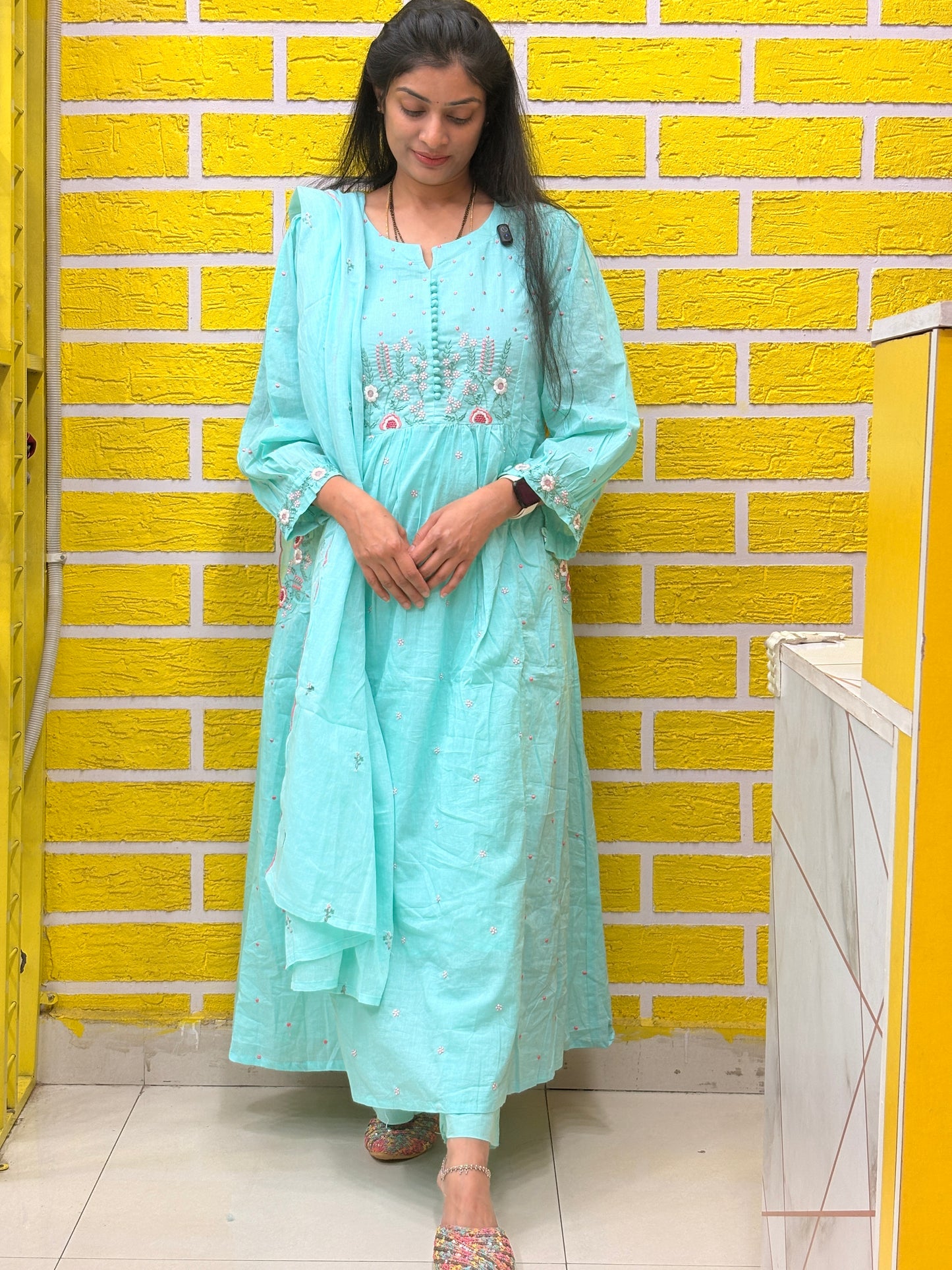Pastel Aqua Embroidered Anarkali Kurta Set AAKS0VH10