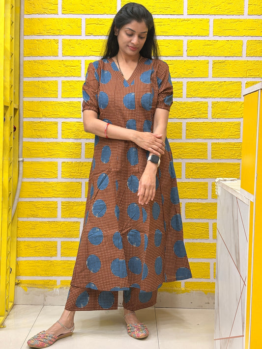 Brown Cotton Printed Kurti Set with Blue Motif Design AACS50779