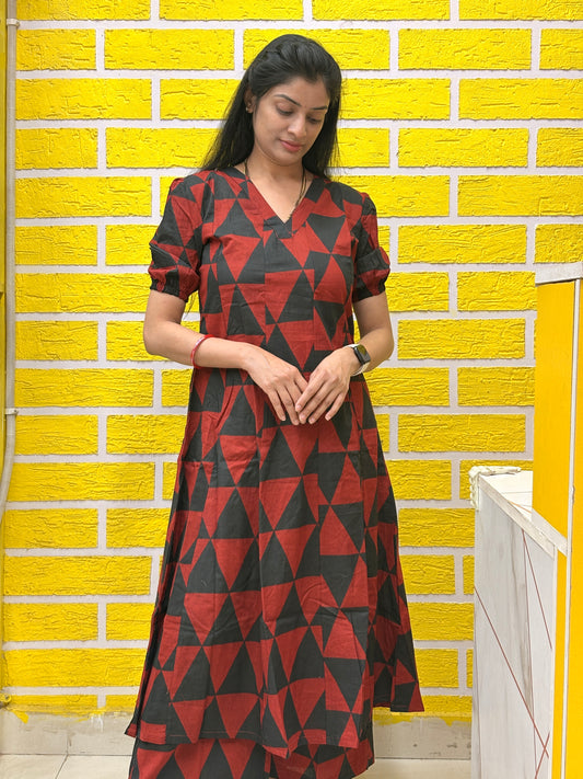 Red & Black Geometric Printed Cotton Coord Set AACS50776