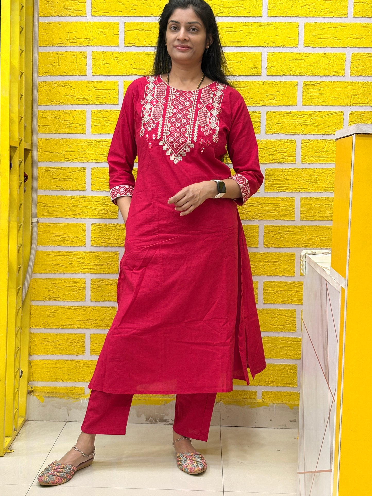 Red Embroidered Cotton Coord Set AACS50583