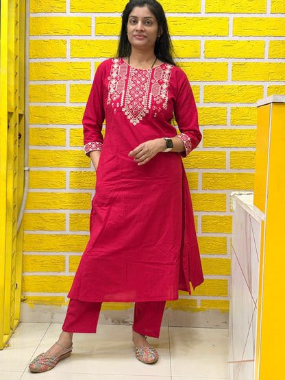 Red Embroidered Cotton Coord Set AACS50583