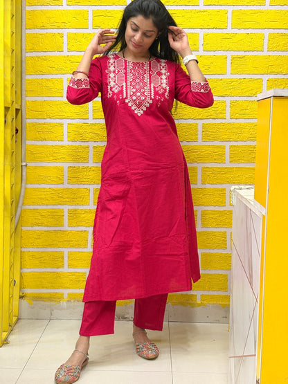 Red Embroidered Cotton Coord Set AACS50583