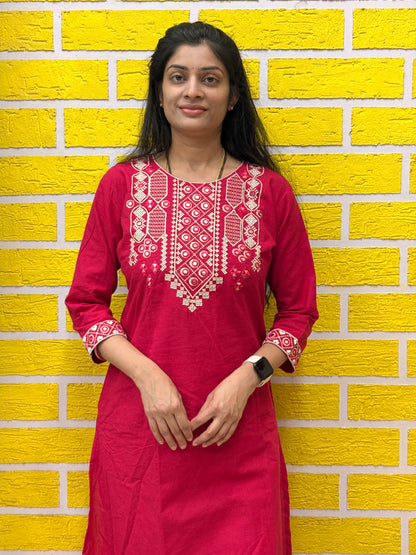 Red Embroidered Cotton Coord Set AACS50583