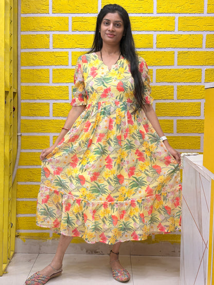Yellow Floral Printed Georgette Frock AALF0VH7