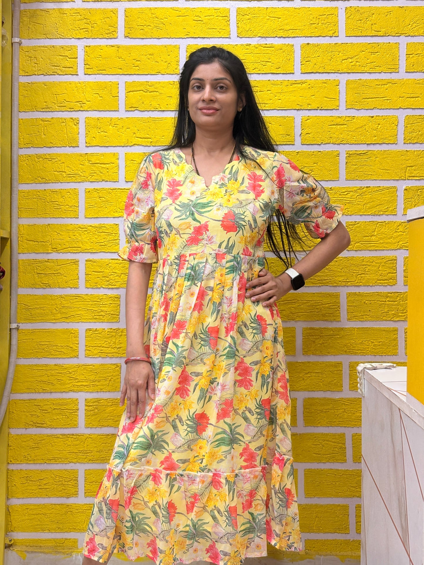 Yellow Floral Printed Georgette Frock AALF0VH7