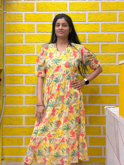 Yellow Floral Printed Georgette Frock AALF0VH7
