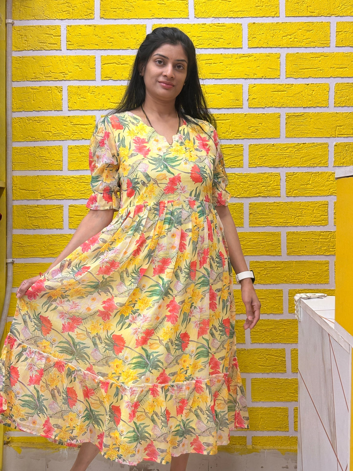 Yellow Floral Printed Georgette Frock AALF0VH7