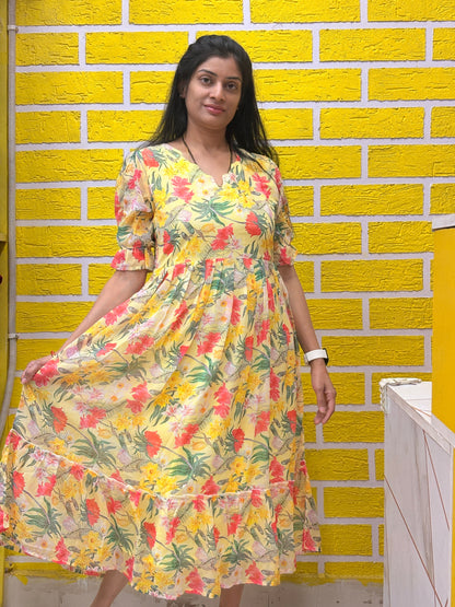 Yellow Floral Printed Georgette Frock AALF0VH7