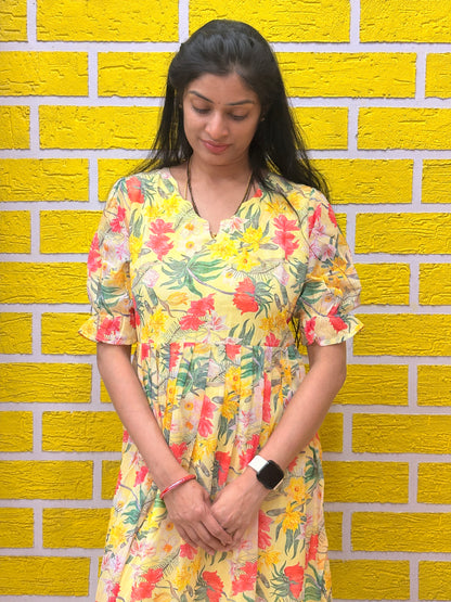Yellow Floral Printed Georgette Frock AALF0VH7