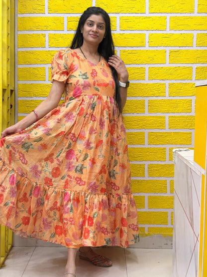 Peach Floral Printed Kota Frock AALF0VH2