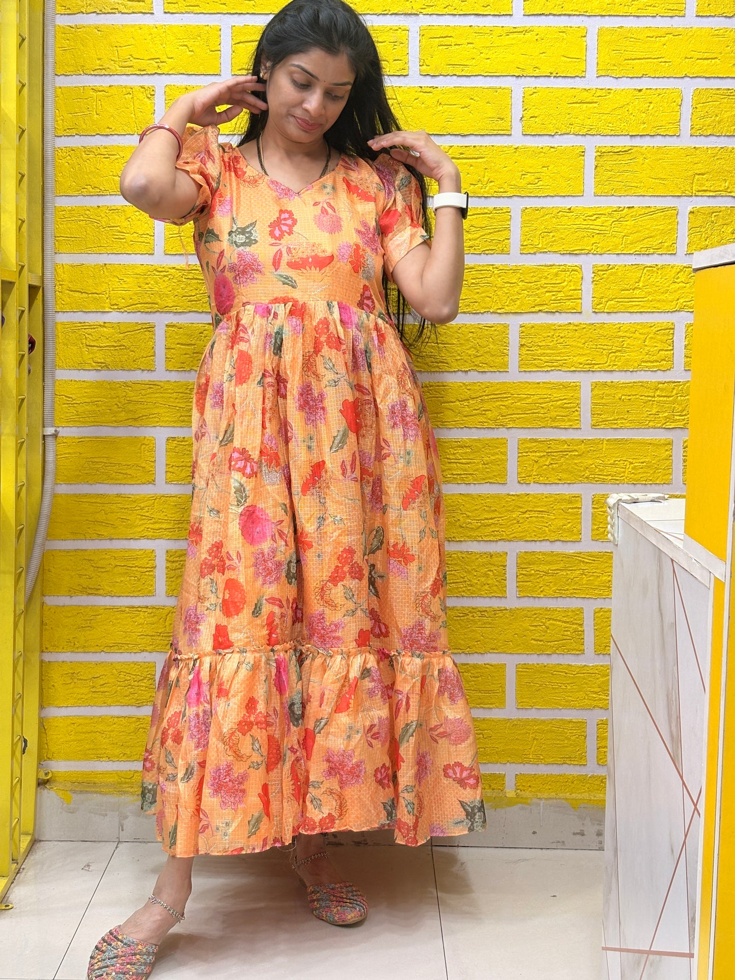 Peach Floral Printed Kota Frock AALF0VH2