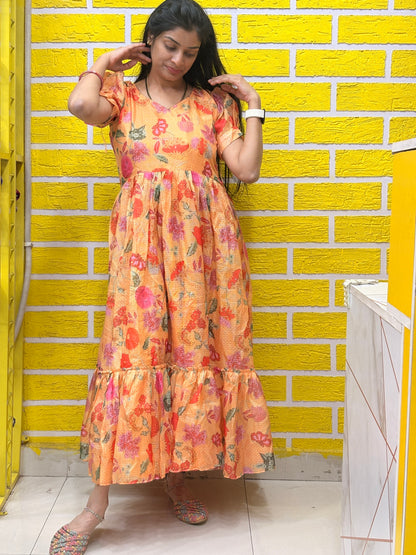 Peach Floral Printed Kota Frock AALF0VH2