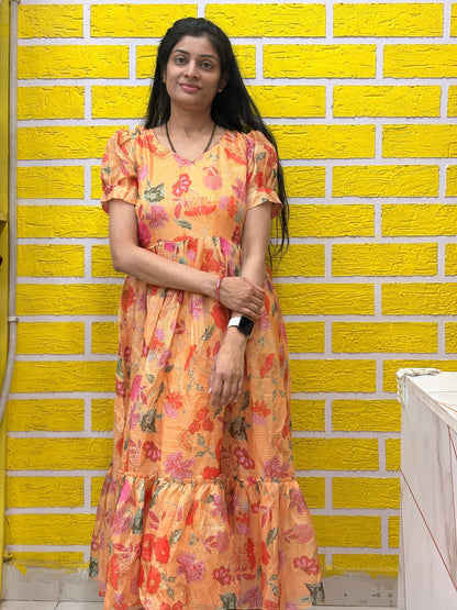 Peach Floral Printed Kota Frock AALF0VH2
