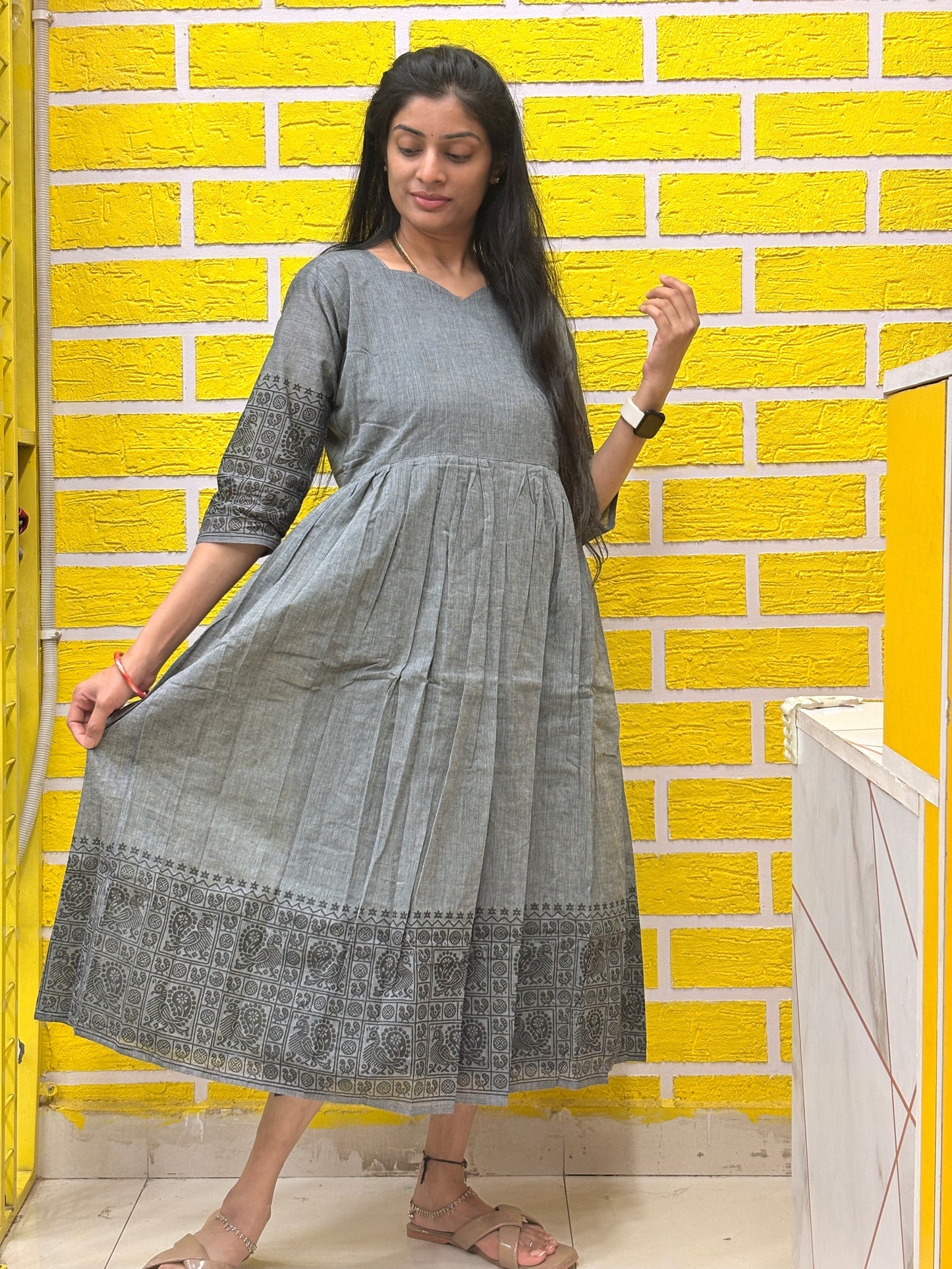 Grey Printed Cotton Frock AALF0VH4