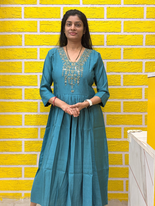 Teal Embroidered Mul Chanderi Frock AALF0VH1