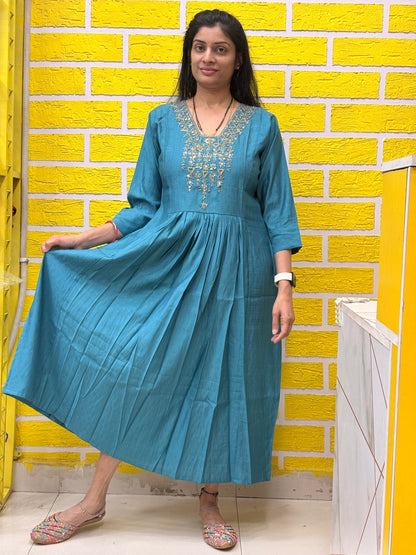 Teal Embroidered Mul Chanderi Frock AALF0VH1