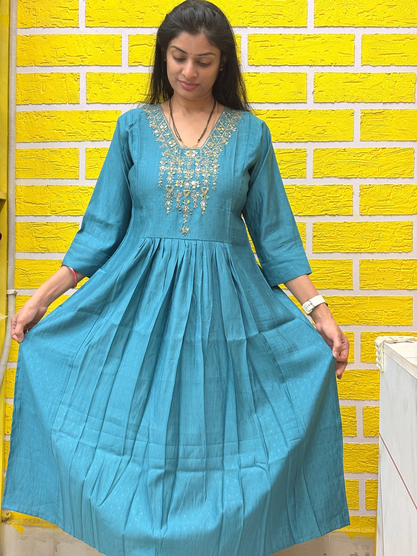 Teal Embroidered Mul Chanderi Frock AALF0VH1