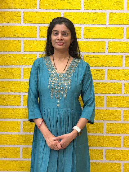 Teal Embroidered Mul Chanderi Frock AALF0VH1