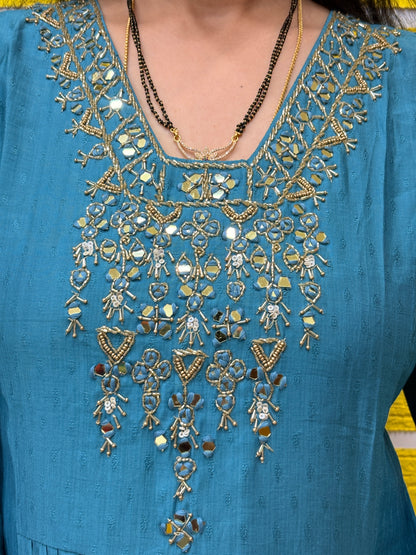 Teal Embroidered Mul Chanderi Frock AALF0VH1
