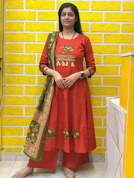 Rust Red Elephant Printed Cotton Kurti Set with Dupatta AAKS50330
