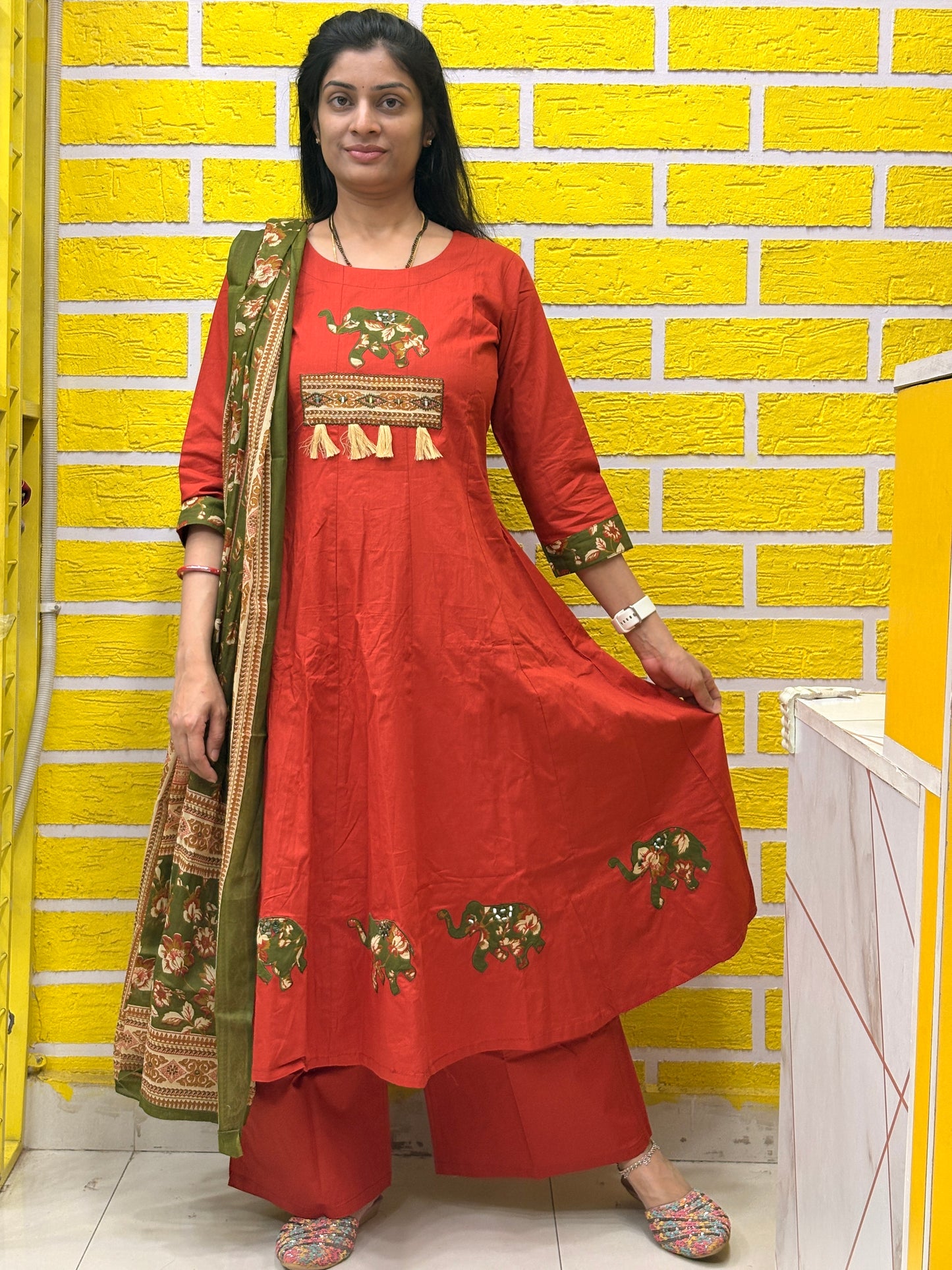 Rust Red Elephant Printed Cotton Kurti Set with Dupatta AAKS50330