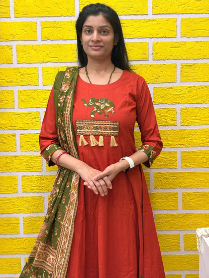 Rust Red Elephant Printed Cotton Kurti Set with Dupatta AAKS50330