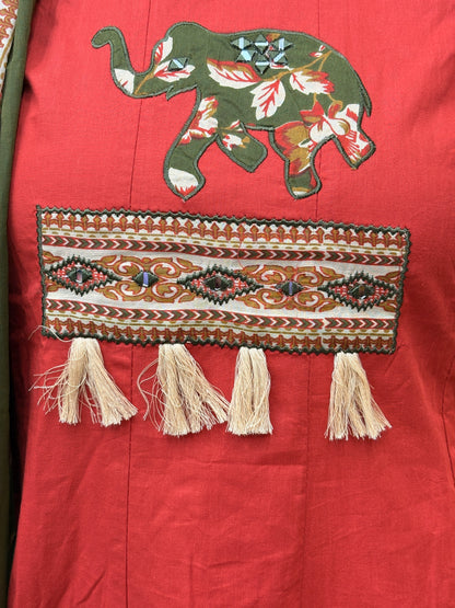 Rust Red Elephant Printed Cotton Kurti Set with Dupatta AAKS50330