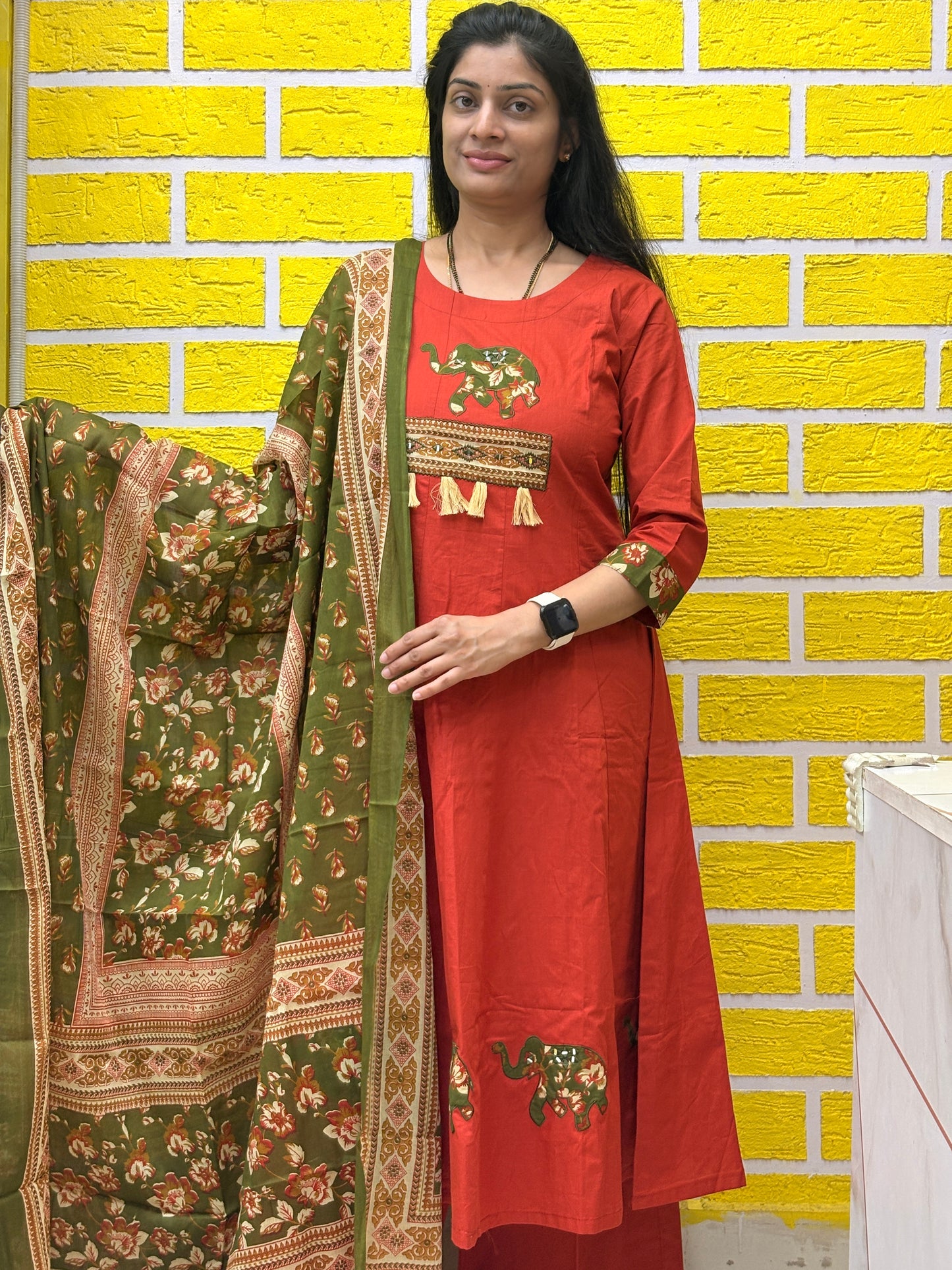 Rust Red Elephant Printed Cotton Kurti Set with Dupatta AAKS50330