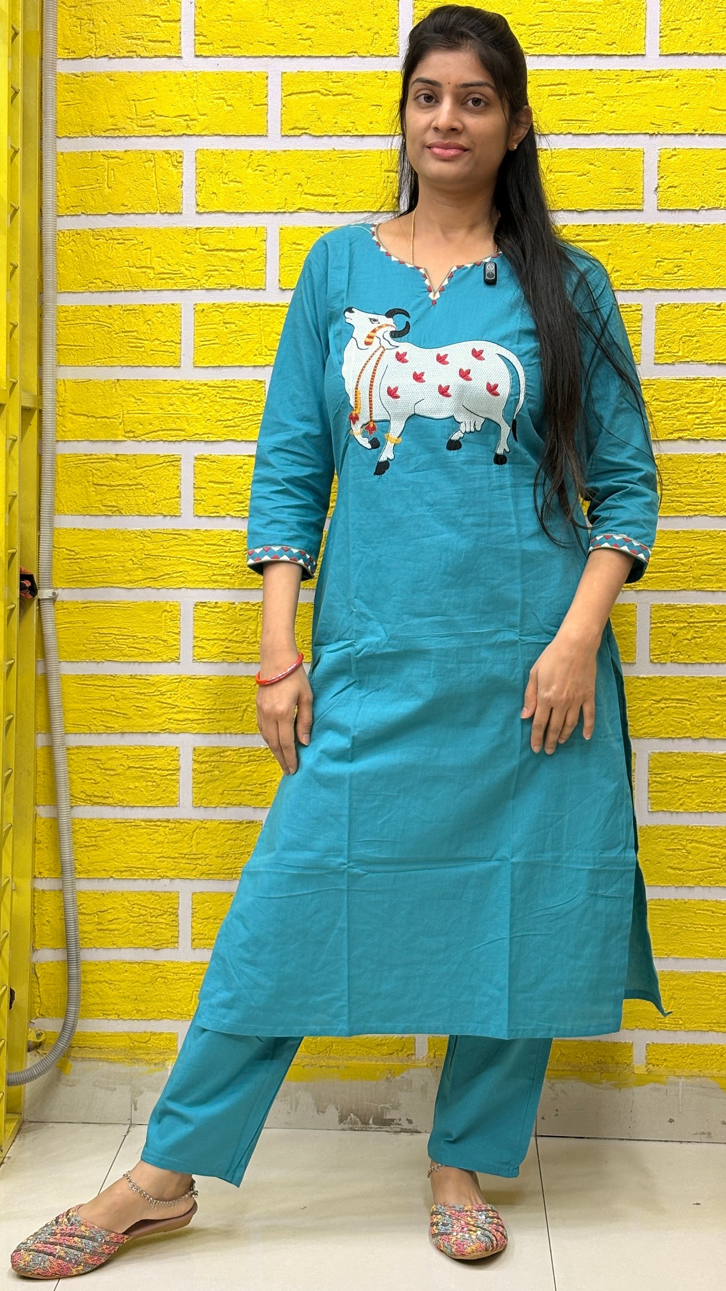 Teal Blue Pichwai Cow Embroidery Cotton Coord Set