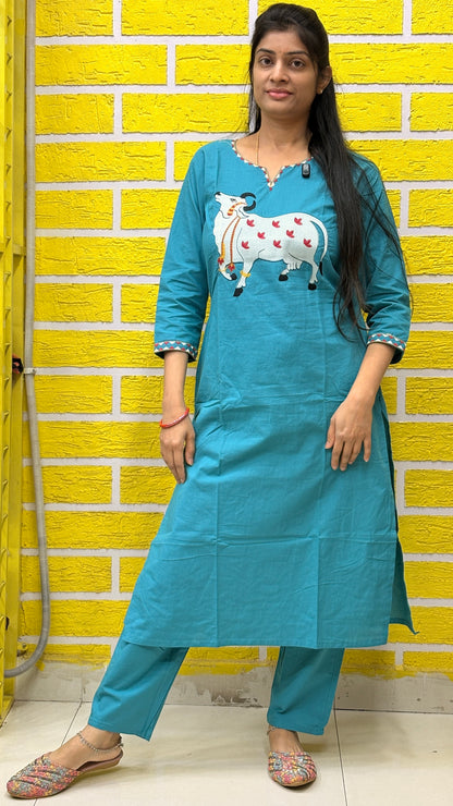 Teal Blue Pichwai Cow Embroidery Cotton Coord Set