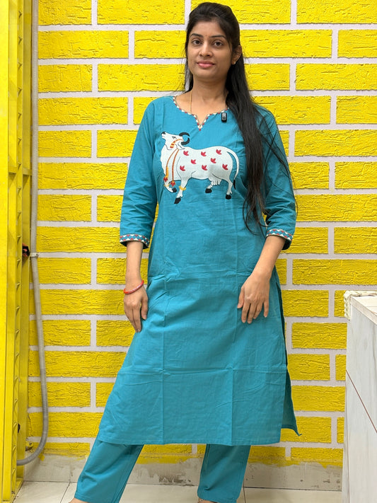 Teal Blue Pichwai Cow Embroidery Cotton Coord Set