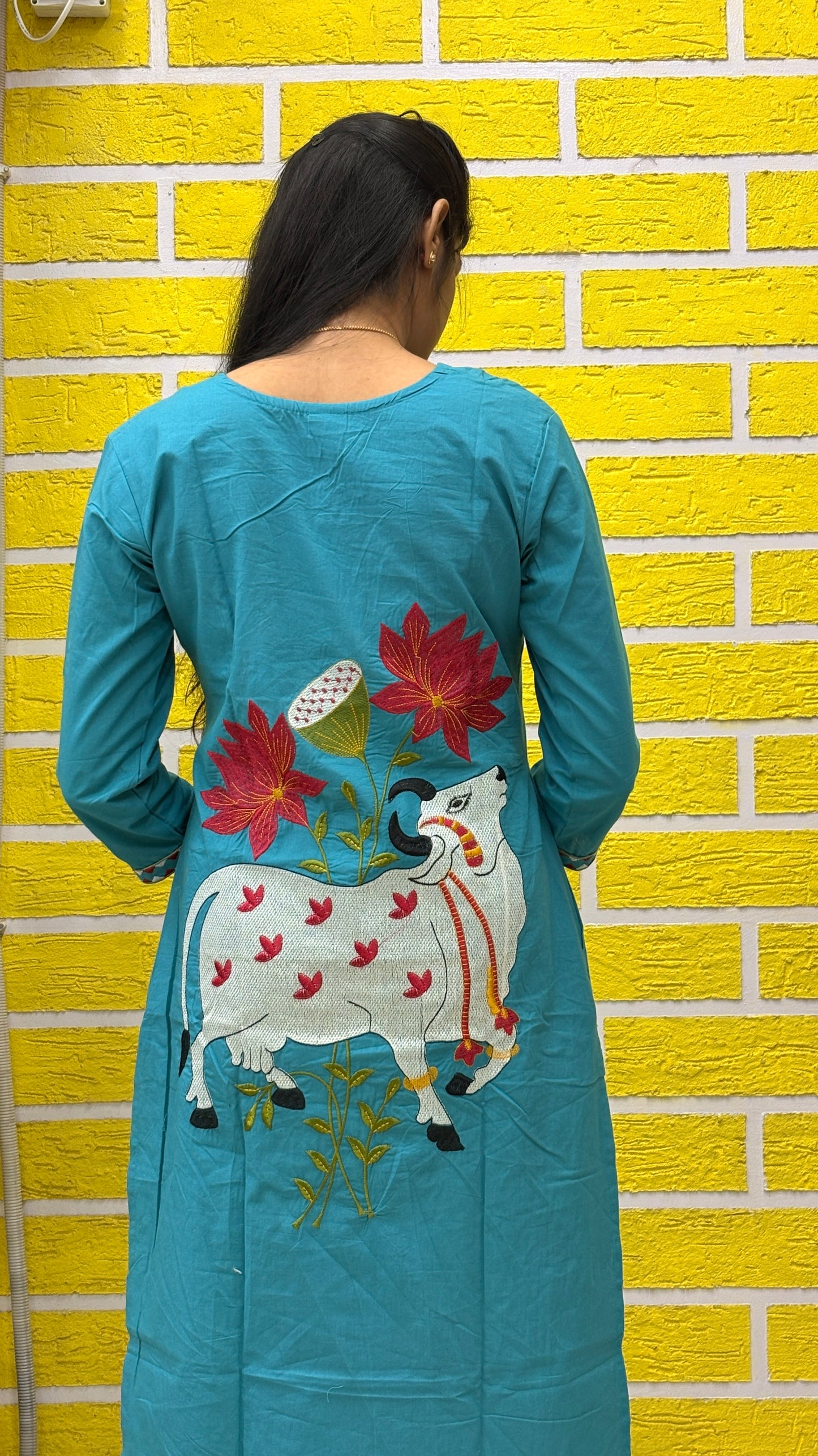 Teal Blue Pichwai Cow Embroidery Cotton Coord Set