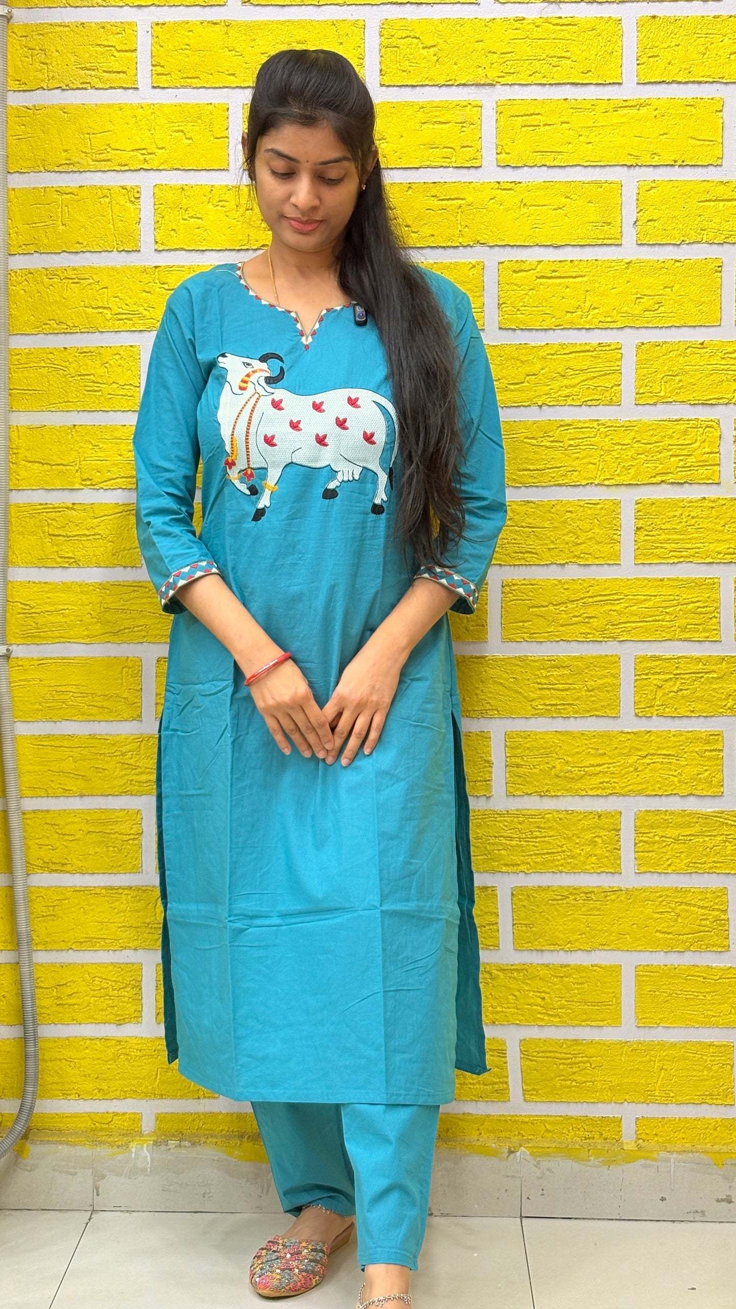 Teal Blue Pichwai Cow Embroidery Cotton Coord Set