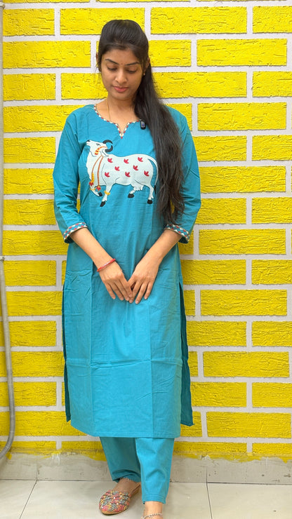 Teal Blue Pichwai Cow Embroidery Cotton Coord Set