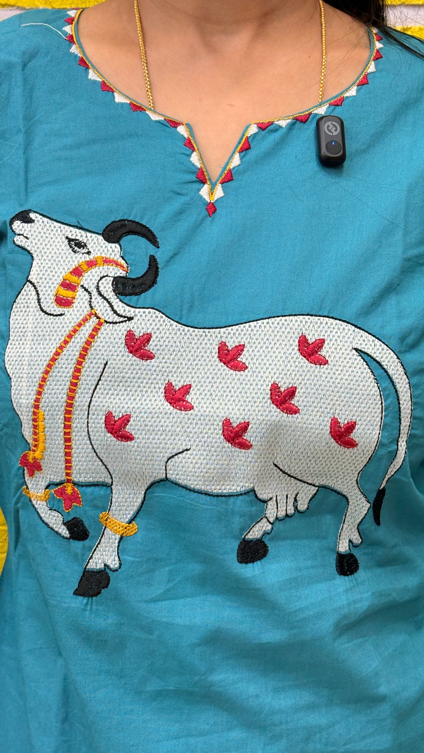 Teal Blue Pichwai Cow Embroidery Cotton Coord Set