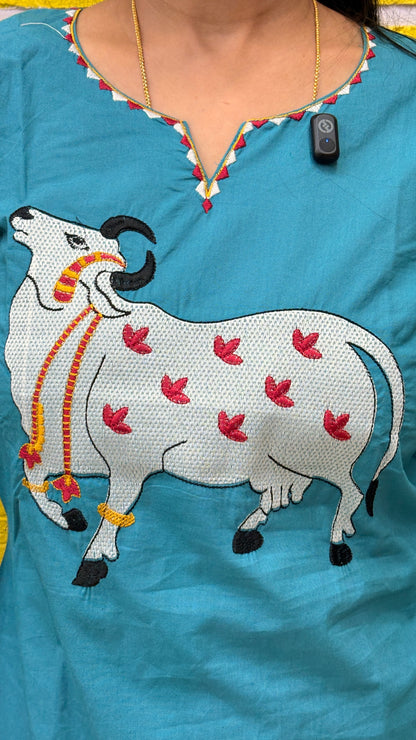 Teal Blue Pichwai Cow Embroidery Cotton Coord Set